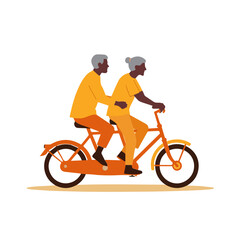 Naklejka premium Active grandparents on vacation. Elderly African American couple joyfully riding an orange tandem bike. Symbolizes active aging, partnership, shared life journey, and lasting love in retirement. 