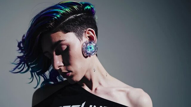 Studio portrait of a young non-binary model showcasing vibrant, multi-colored hair, prominent ear plugs, and unique fashion, exuding confidence and individuality against a neutral backdrop
