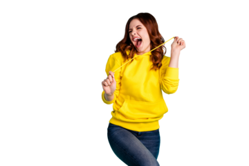 Photo of ecstatic overjoyed lucky fortunate girlfriend screaming with having known new information grimacing isolated over turquoise vivid color background