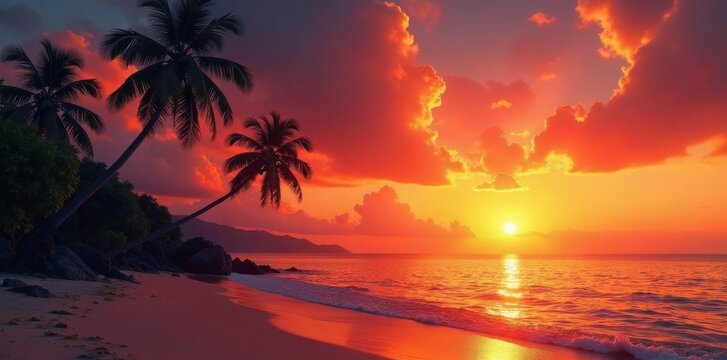 Fiery orange sunset paints Thai beach sky, palm trees silhouetted , horizon, ocean sunset