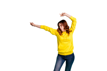 Photo of curly wavy cheerful charming sweet pretty millennial dancing like no one sees whistling singing with hands up isolated over teal vivid color background