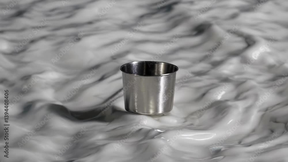 Poster small metal measuring cup floating over a textured and wavy white surface, creating a visually inter