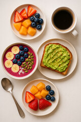 healthy breakfast with muesli and fruits and black coffee