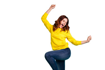Photo of curly wavy trendy cheerful nice rejoicing fascinating girlfriend wearing jeans denim shouting dancing with victory isolated over teal vivid color background