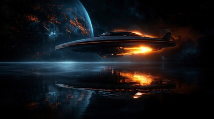 Fototapeta premium Spacecraft exploration near fiery planet sci-fi scene digital art cosmic environment futuristic viewpoint