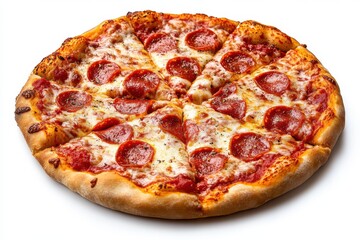 Overhead view of a sliced pepperoni pizza on a white background