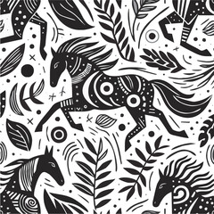 Seamless vector pattern with decorative black and white bird feathers for textile print and wallpaper design