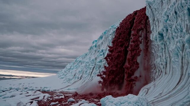 Blood falls cascading from the taylor glacier onto the ice-covered surface of west lake bonney creates a striking contrast against a cloudy sky in east antarctica