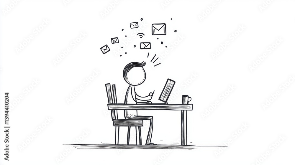 Poster a stick figure works at a desk with a laptop, surrounded by floating email icons and a coffee cup, s