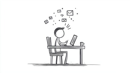 Fototapeta premium A stick figure works at a desk with a laptop, surrounded by floating email icons and a coffee cup, symbolizing communication and productivity.