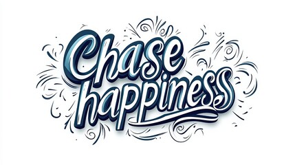 "Chase happiness" lettering calligraphy text, stylish 3D script, simple lines, on white background 
