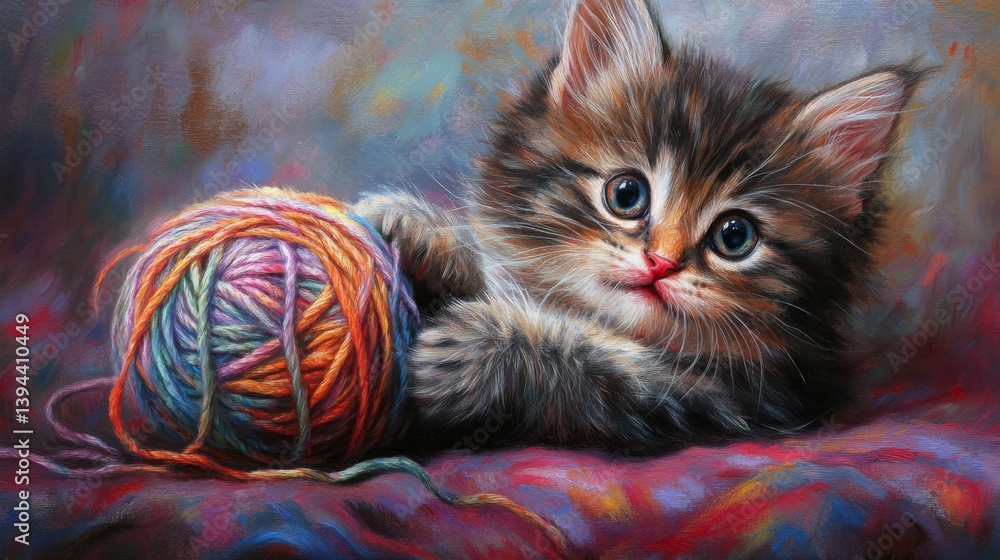 Poster a sweet kitten playing with a ball of yarn, its playful antics and wide eyes creating a delightful a
