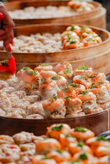 dim sum from top angle, Japanese street food, tempura and sushi in wooden box