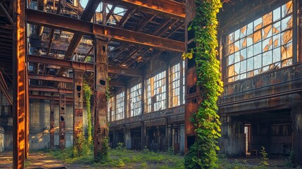 Naklejka premium An abandoned factory with rusted metal beams, shattered windows, and creeping vines reclaiming the structure.