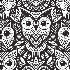 Owl Folk Art: The image presents an owl in a intricate folk art style, rendered in bold black and white. The artistic style evokes a sense of tradition, pattern and unique charm.