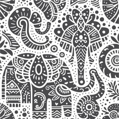 Ornate Elephant Pattern: A beautifully intricate design featuring stylized elephants, showcasing rich patterns. This symmetrical, detailed art piece embodies cultural artistry. 