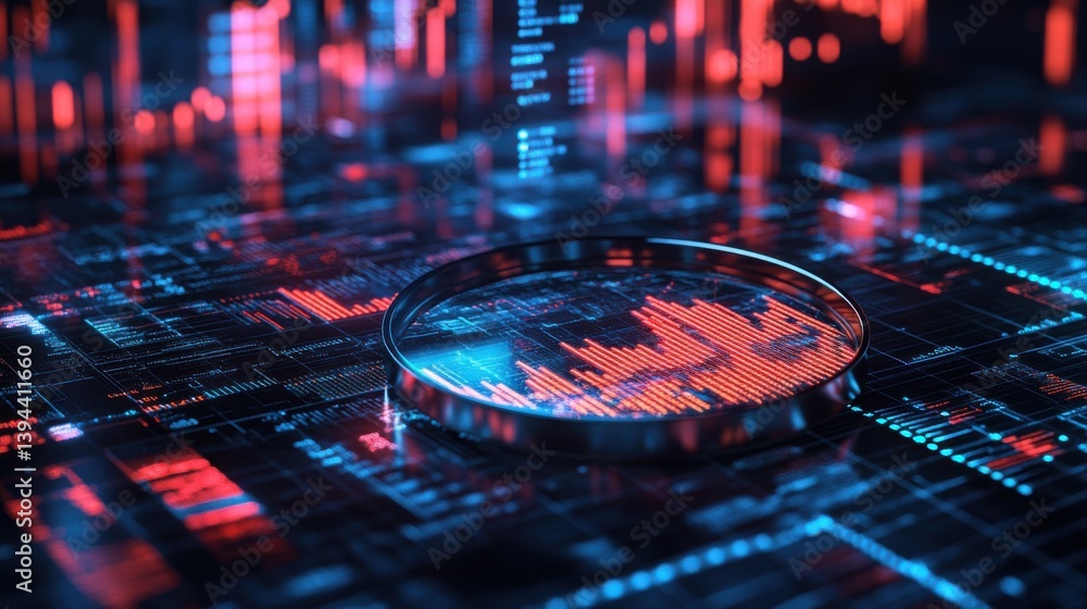 Poster a futuristic digital scene featuring a magnifying glass overlaid on a vibrant array of data visualiz