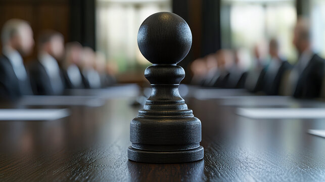 A single black chess pawn stands prominently on a polished conference table in front of a blurred background of businesspeople in a meeting.