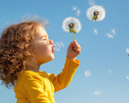A child joyful reaction to blowing dandelion seeds into the wind, sprint flower