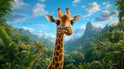 Obraz premium Giraffe Portrait in Lush Jungle Landscape, Generative AI.