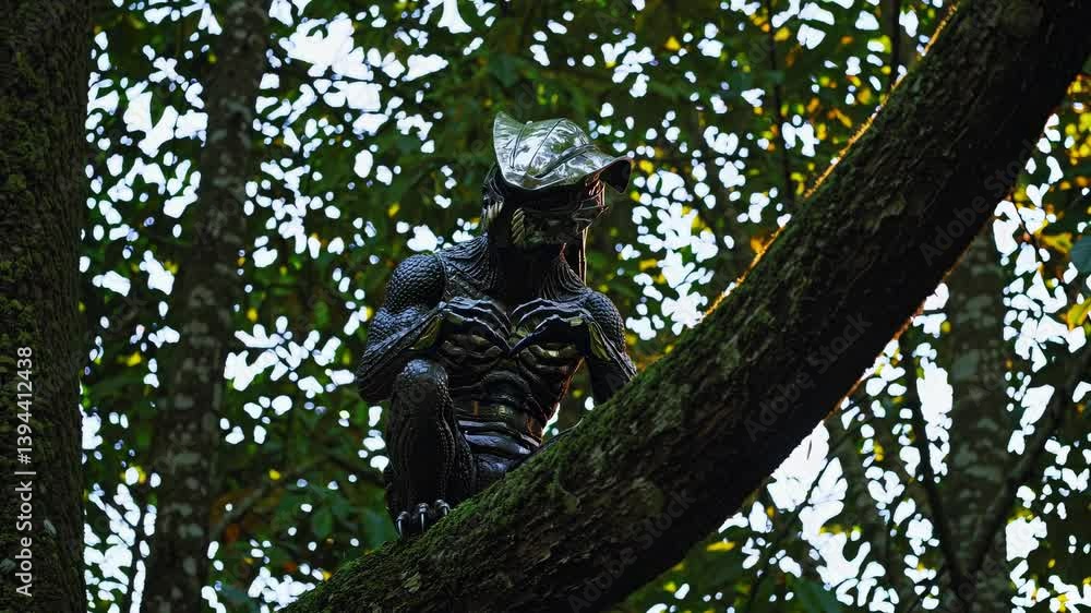 Poster extraterrestrial entity with metallic head and reptilian skin sits perched on a tree branch in a vib