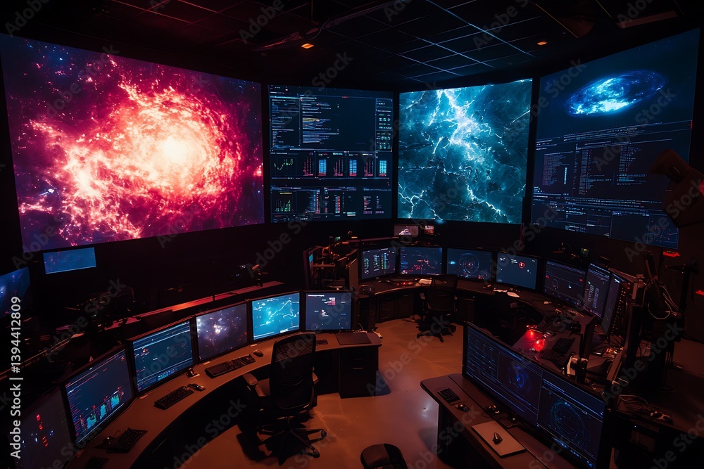 Poster a darkened control room with multiple screens of astronomical data