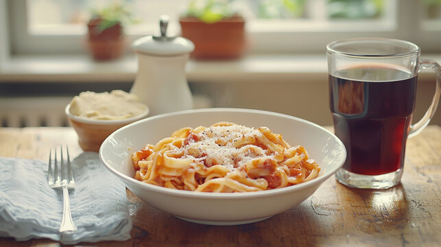 A delicious bowl of pasta with tomato sauce and parmesan cheese sits on a rustic wooden table next to a glass of dark red beverage and a small bowl of creamy hummus.
