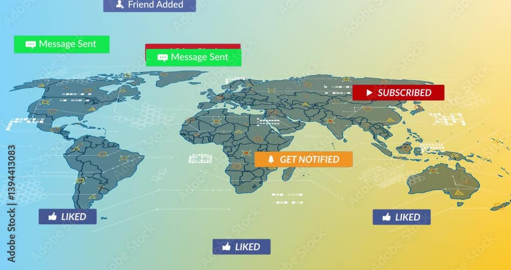Aufkleber world map with social media notifications and interactions overlay animation