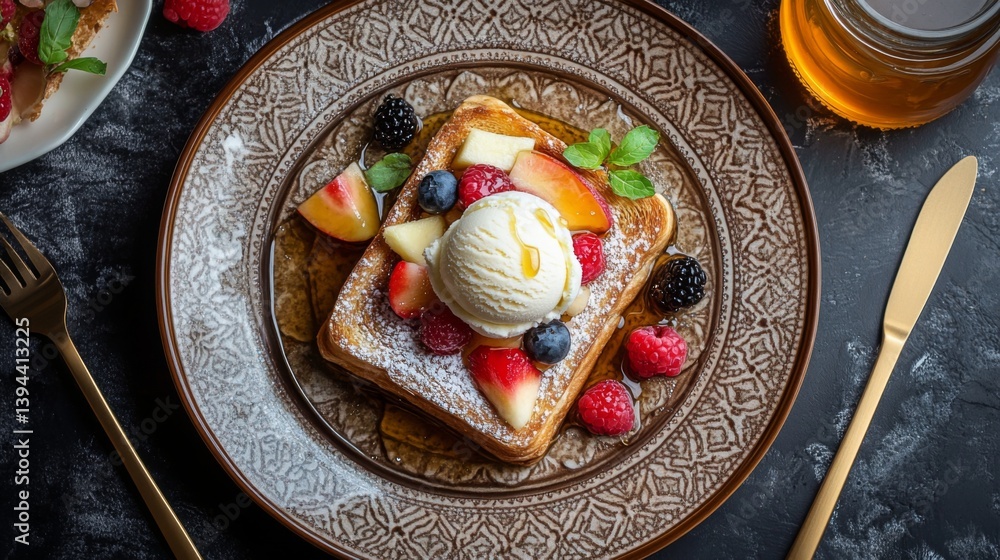 Poster A top-down view of a decadent honey toast adorned with fresh fruit slices and a scoop of ice cream, served on a decorative plate with a honey jar in the background.