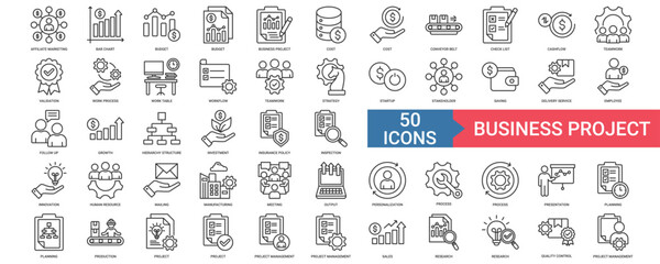 Business Project icon collection set with affiliate marketing, bar chart, budget, cost, conveyor belt	