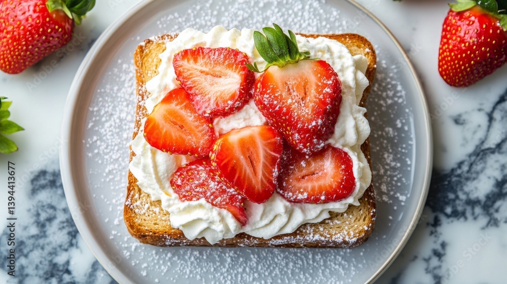 Poster a top-down view of a slice of honey toast topped with fresh strawberries and whipped cream, beautifu