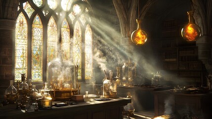 Fototapeta premium Mystical Alchemical Laboratory with Arcane Glassware and Brass Mechanisms