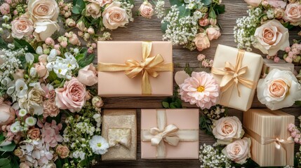 Pastel Pink Roses and Wrapped Gifts on Wooden Background
