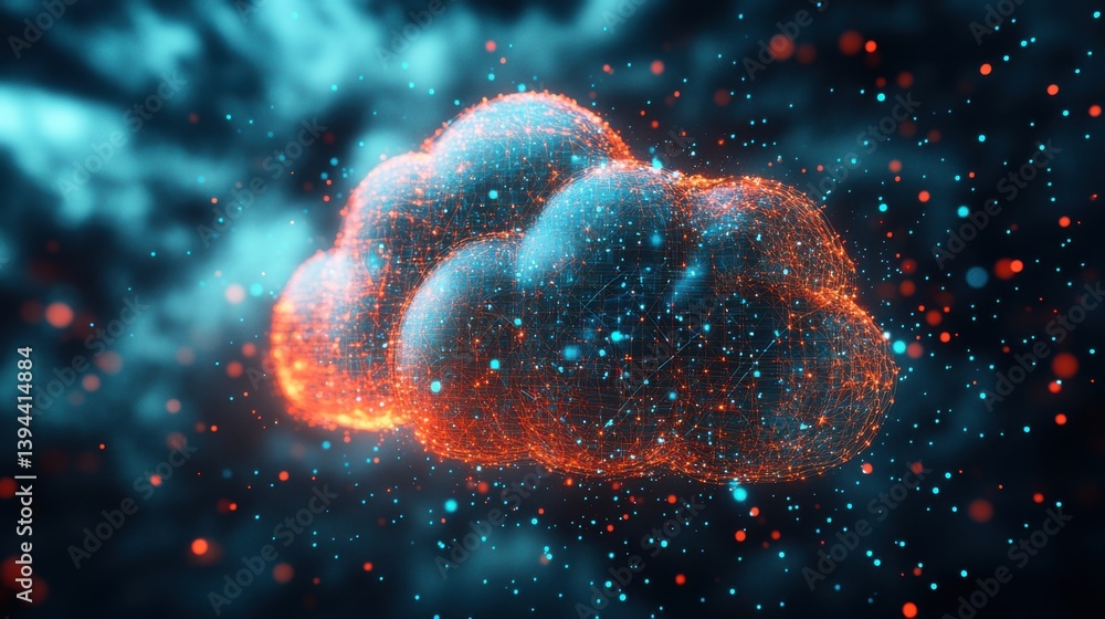 Poster a digital representation of a cloud, formed by interconnected points and lines, glowing with vibrant