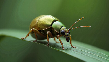 Naklejka premium Green beetle crawling on a leaf against a blurred background 