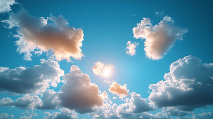 Radiant Skies: A Bright Sun Shining Over Fluffy White Clouds Against a Clear Blue Background