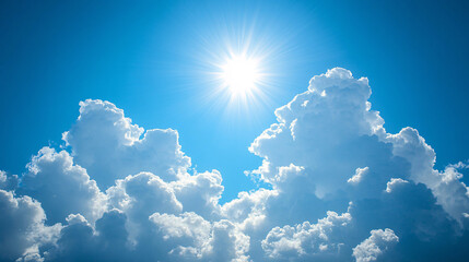 Radiant Skies: A Bright Sun Shining Over Fluffy White Clouds Against a Clear Blue Background