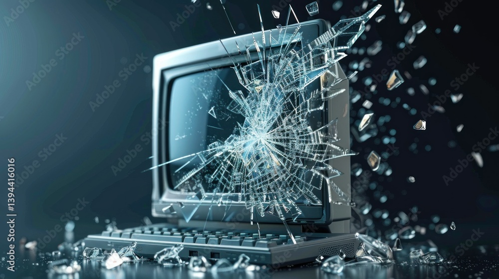 Poster a damaged computer icon illustrating a malfunctioning device.