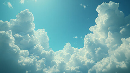 Radiant Skies: A Bright Sun Shining Over Fluffy White Clouds Against a Clear Blue Background