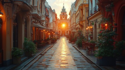 Fototapeta premium Serene sunset illuminating a charming cobblestone street lined with cafes