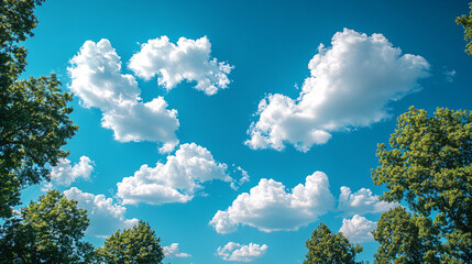 Radiant Skies: A Bright Sun Shining Over Fluffy White Clouds Against a Clear Blue Background