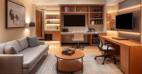 Modern hotel suite with work area