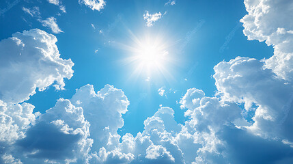 Radiant Skies: A Bright Sun Shining Over Fluffy White Clouds Against a Clear Blue Background