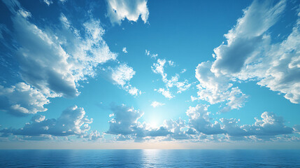 Radiant Skies: A Bright Sun Shining Over Fluffy White Clouds Against a Clear Blue Background