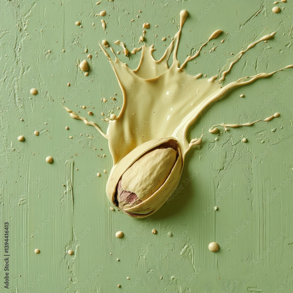 Poster a pistachio nut splashes vibrant yellow paint against a textured green background, creating an artis