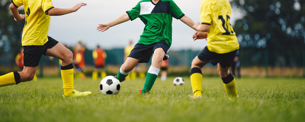Youth Soccer Game. Group of Boys Play Football Game Together. School Kids in Two Soccer Teams...