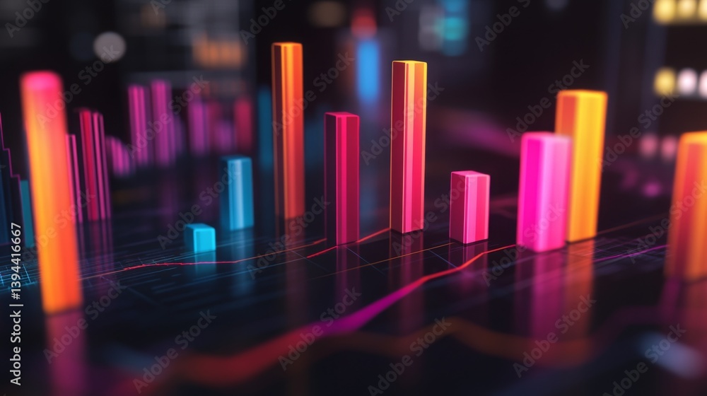Leinwandbilder A vibrant D bar graph with colorful bars rising at various heights, displayed on a sleek dark background, showcasing data visualization in a modern business context.