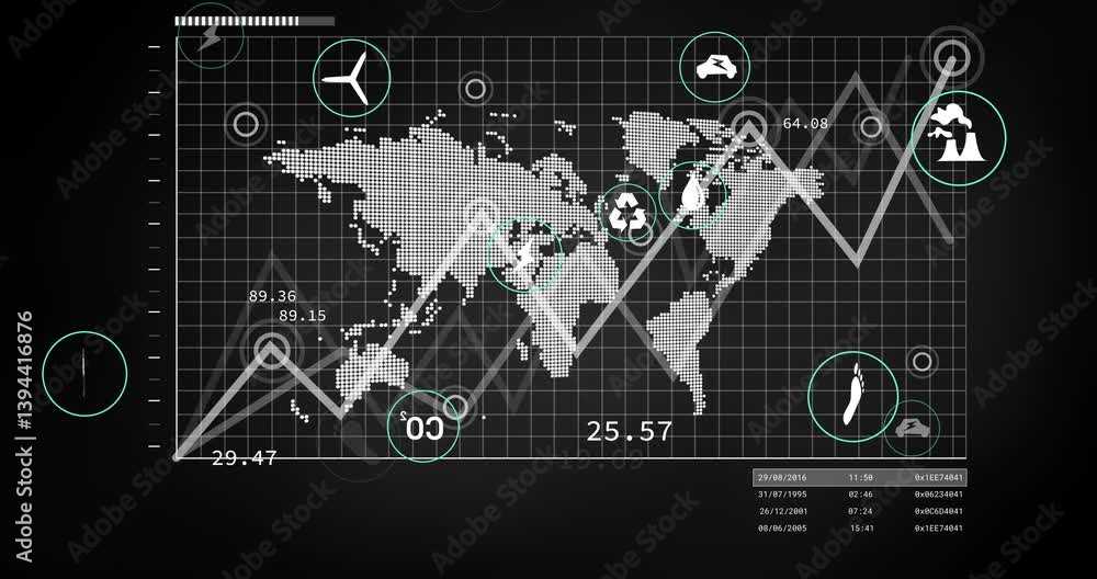 Poster animation of world map with icons showing global energy sources and data analytics
