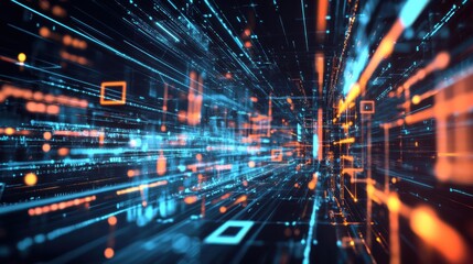 Obraz premium A vibrant digital landscape showcasing streams of data and light, representing technology and the flow of information in a futuristic environment.
