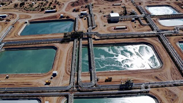Aerial view capturing lithium evaporation ponds at a mining site, illustrating the extraction of lithium from brine amidst industrial infrastructure in a remote desert